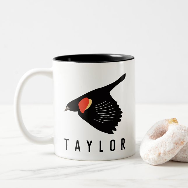 Personalized Red-Winged Blackbird in Flight Two-Tone Coffee Mug (With Donut)