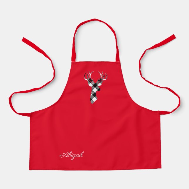 Personalized Red With Black & White Plaid Deer Apron (Front)