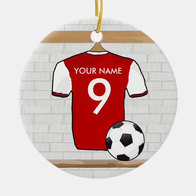 Personalized Red with White Football Soccer Jersey Ceramic Ornament (Front)