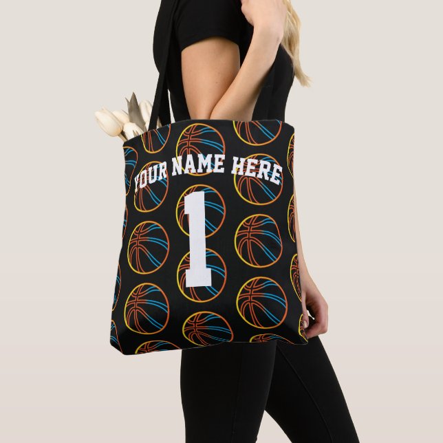 Personalized Red Yellow Blue Basketball Sports Tote Bag (Close Up)