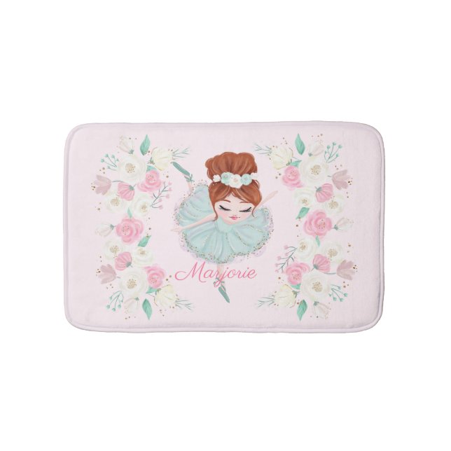 Personalized Redhead Ballerina Pink Floral Bath Mat (Front)