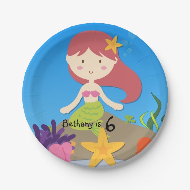 Personalized Redhead Mermaid Birthday Paper Plate (Front)
