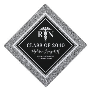Personalized Registered Nurse Black Silver Glitter Graduation Cap Topper