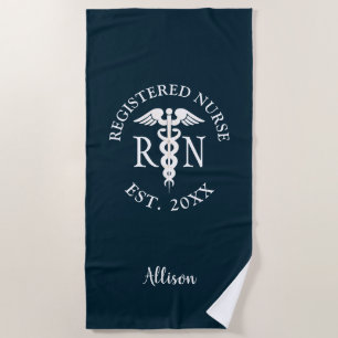 Personalized Registered Nurse Blue White Caduceus Beach Towel