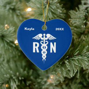 Personalized Registered Nurse Caduceus Blue Heart Ceramic Ornament