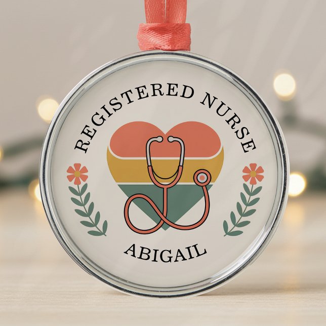 Personalized Registered Nurse Retro Heart Metal Ornament (Creator Uploaded)