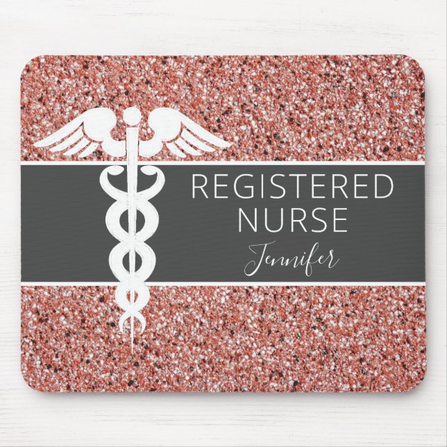 Personalized Registered Nurse Rose Gold Glitter Mouse Pad (Front)