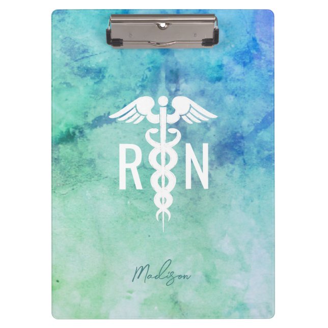 Personalized Registered RN Teal Blue Watercolor Clipboard (Front)