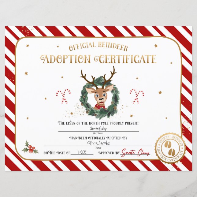 Personalized Reindeer Adoption Certificate (Front)