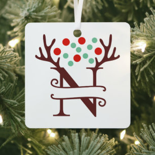 Personalized Reindeer Antlers Name "N" Metal Ornament