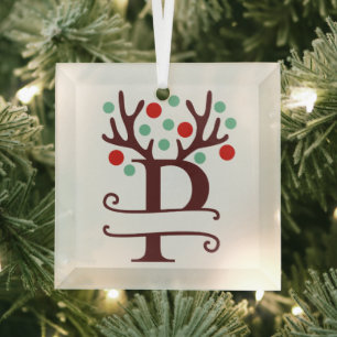 Personalized Reindeer Antlers Name "P"  Glass Ornament