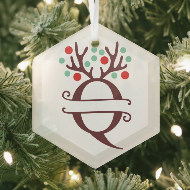 Personalized Reindeer Antlers Name "Q"  Glass Ornament (Insitu)