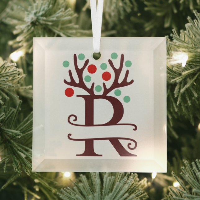 Personalized Reindeer Antlers Name "R" Glass Ornament (Insitu)