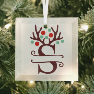 Personalized Reindeer Antlers Name "S"   Glass Ornament