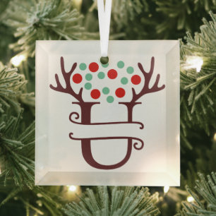 Personalized Reindeer Antlers Name "U" Glass Ornament