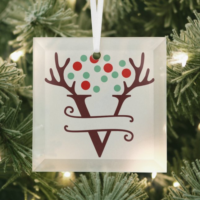 Personalized Reindeer Antlers Name "V" Glass Ornament (Insitu)