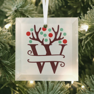 Personalized Reindeer Antlers Name "W" Glass Ornament