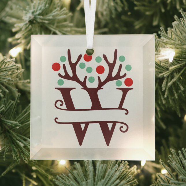 Personalized Reindeer Antlers Name "W" Glass Ornament (Insitu)