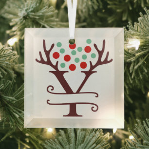 Personalized Reindeer Antlers Name "Y" Glass Ornament