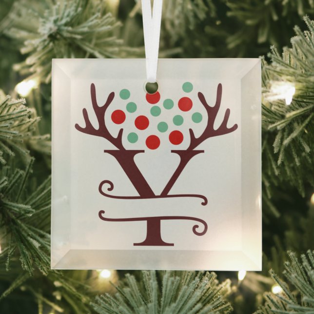Personalized Reindeer Antlers Name "Y" Glass Ornament (Insitu)