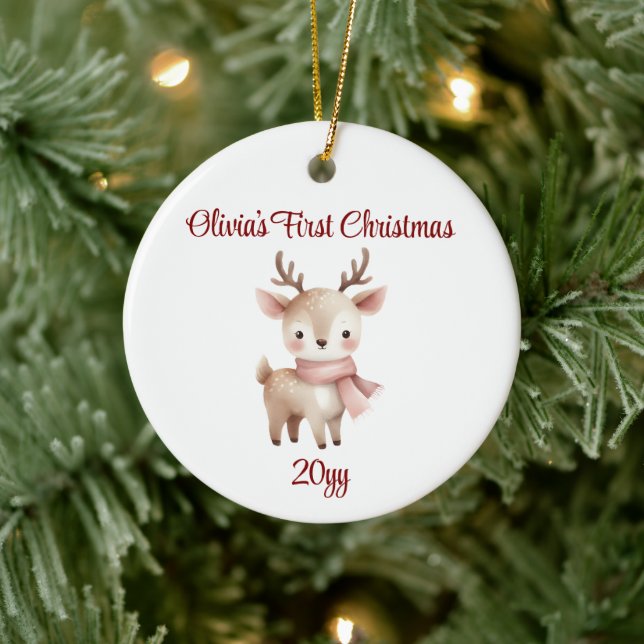 Personalized Reindeer Baby Girl First Christmas Ceramic Ornament (Tree)