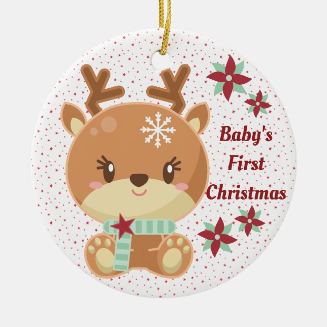 Personalized Reindeer Baby's First Christmas Ceramic Ornament (Front)