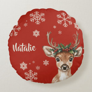 Personalized Reindeer Christmas Snowflake Round Pillow