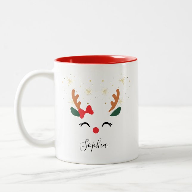 Personalized Reindeer Face Christmas Mug with Bow  (Left)