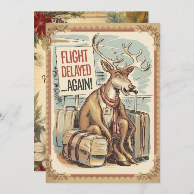 Personalized Reindeer Flight Delay Funny Vintage  Holiday Card (Front/Back)