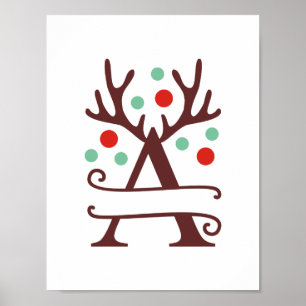 Personalized Reindeer Letter A Split Monogram Poster