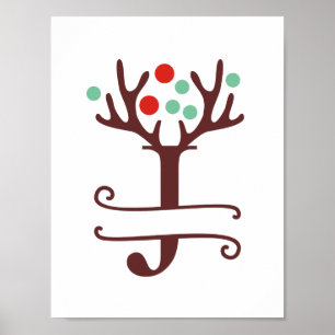 Personalized Reindeer Letter J Split Monogram Poster