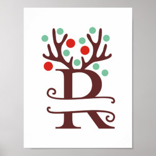 Personalized Reindeer Letter R Split Monogram Poster