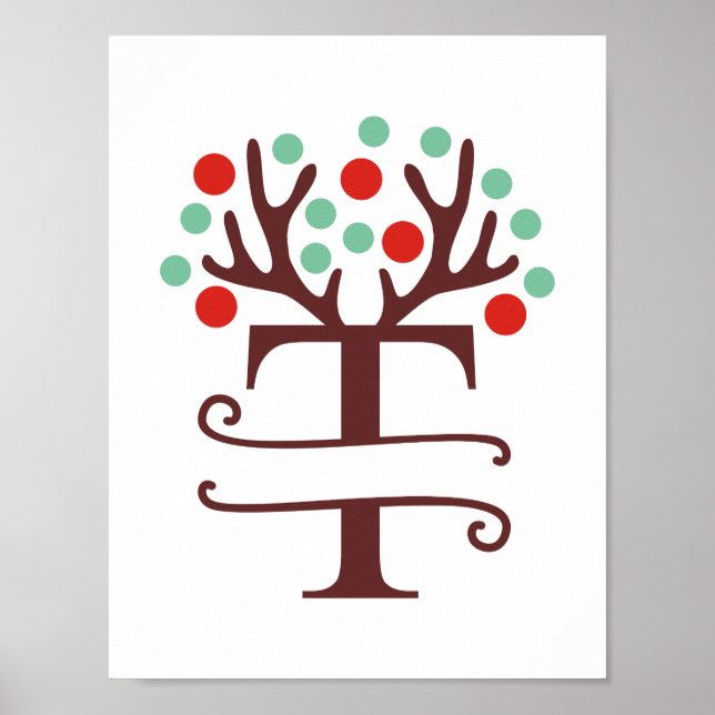 Personalized Reindeer Letter T Split Monogram Poster (Front)