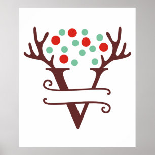 Personalized Reindeer Letter V Split Monogram Poster