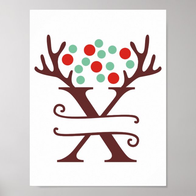 Personalized Reindeer Letter X Split Monogram Poster (Front)