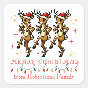 Personalized Reindeer Line Dancing Chrismas Lights Square Sticker