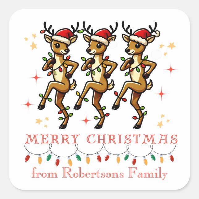 Personalized Reindeer Line Dancing Chrismas Lights Square Sticker (Front)