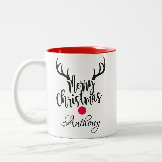 Personalized reindeer- merry christmas  Two-Tone coffee mug (Left)