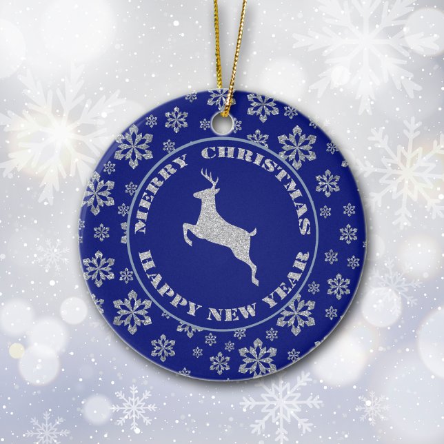 Personalized Reindeer on Blue Ceramic Ornament (Creator Uploaded)