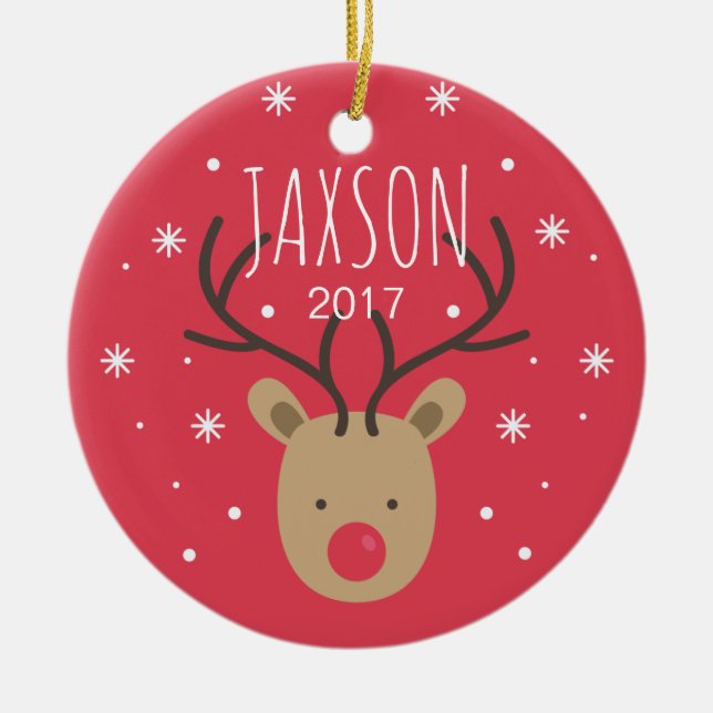 Personalized Reindeer Porcelain Christmas Ornament (Front)