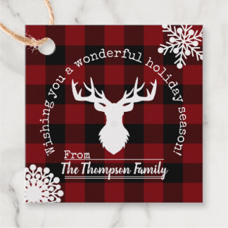 Personalized Reindeer Red and Black Buffalo Plaid Favour Tags
