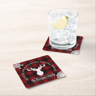 Personalized Reindeer Red and Black Buffalo Plaid Square Paper Coaster