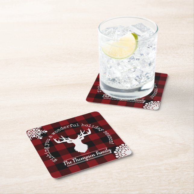 Personalized Reindeer Red and Black Buffalo Plaid Square Paper Coaster (Insitu)