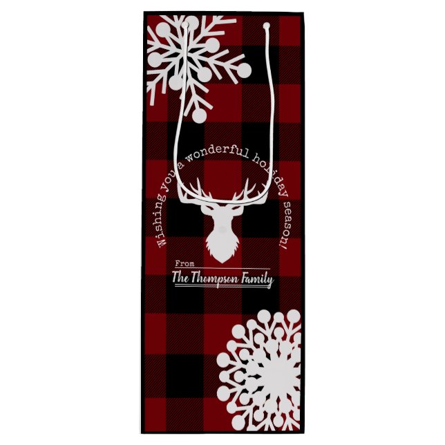 Personalized Reindeer Red and Black Buffalo Plaid Wine Gift Bag (Front)