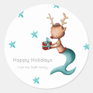 Personalized Reindeer with Present Holiday Classic Round Sticker