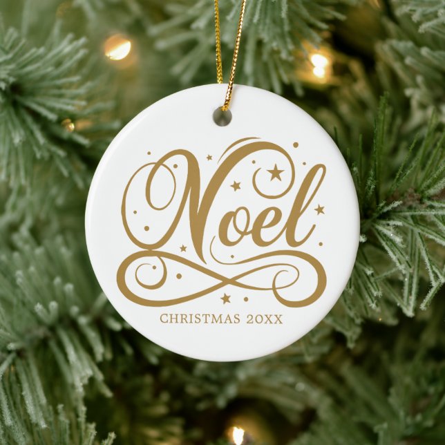 Personalized Religious Gold Script Noel Name Year Ceramic Ornament (Tree)