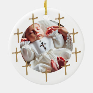 Personalized Religious Photo Baby Golden Crosses Ceramic Ornament