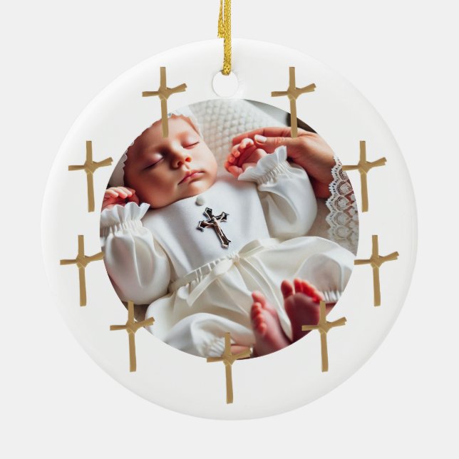 Personalized Religious Photo Baby Golden Crosses Ceramic Ornament (Back)