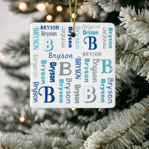 Personalized Repeating Name Navy Blue Grey Ceramic Ornament