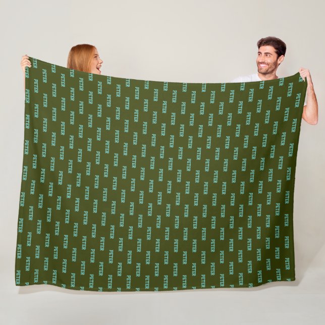Personalized Repeating Name on Dark Green Fleece Blanket (In Situ)